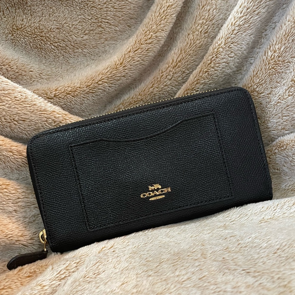 Coach Crossgrain Leather Accordion Zip Around Wallet Clutch Black